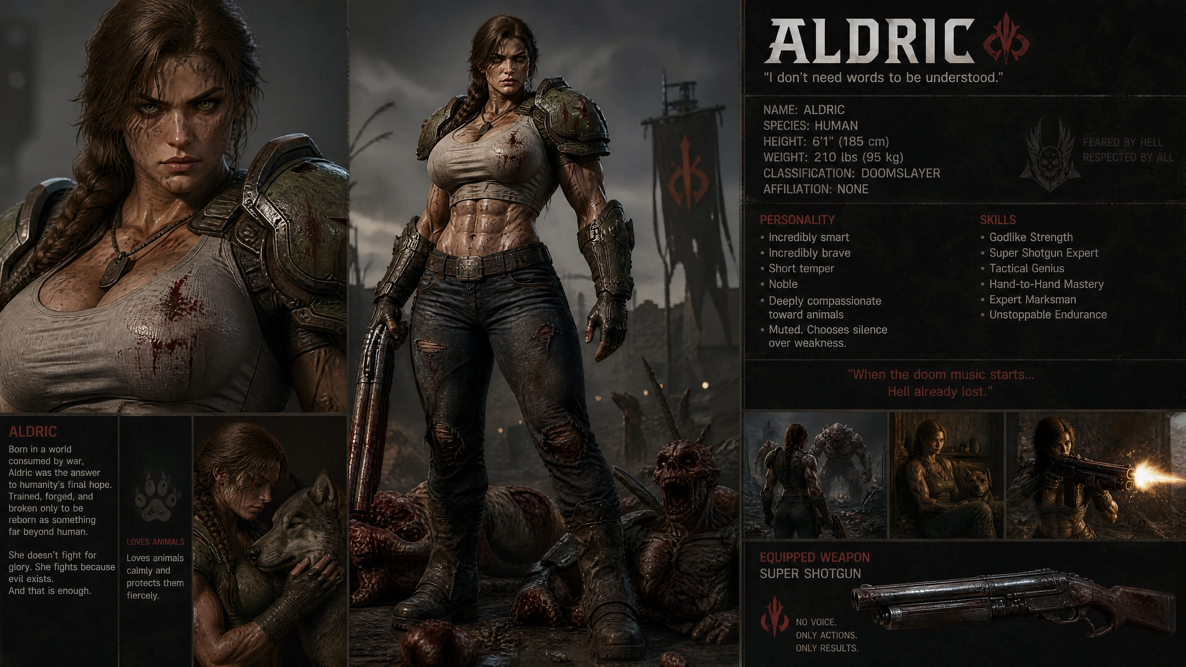Poderosa guerreira doomslayer com cabelo trançado e armadura