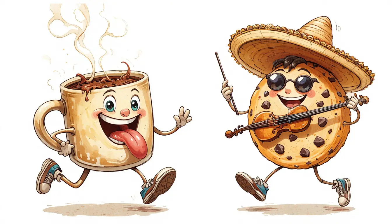 Divertidos personajes de niño, taza de café y galleta en dibujo animado