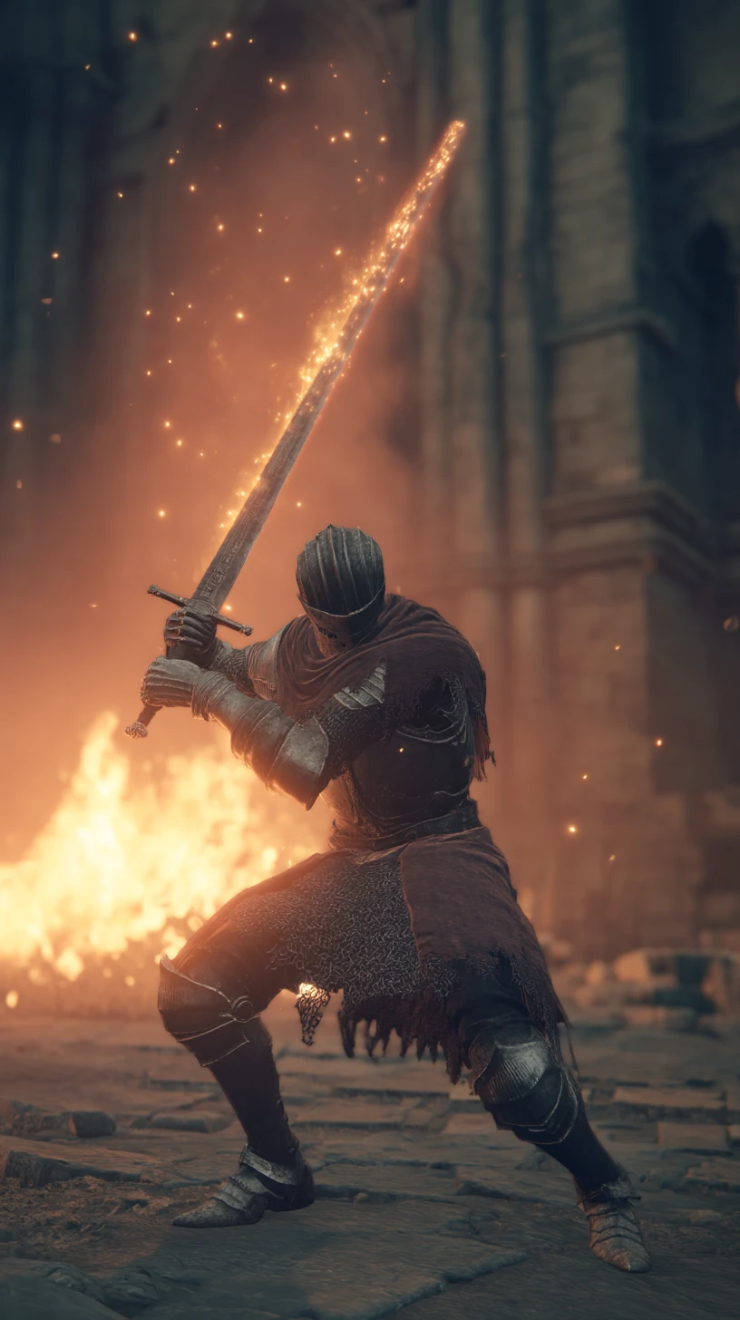 Armored knight swinging sword amid sparks and flames