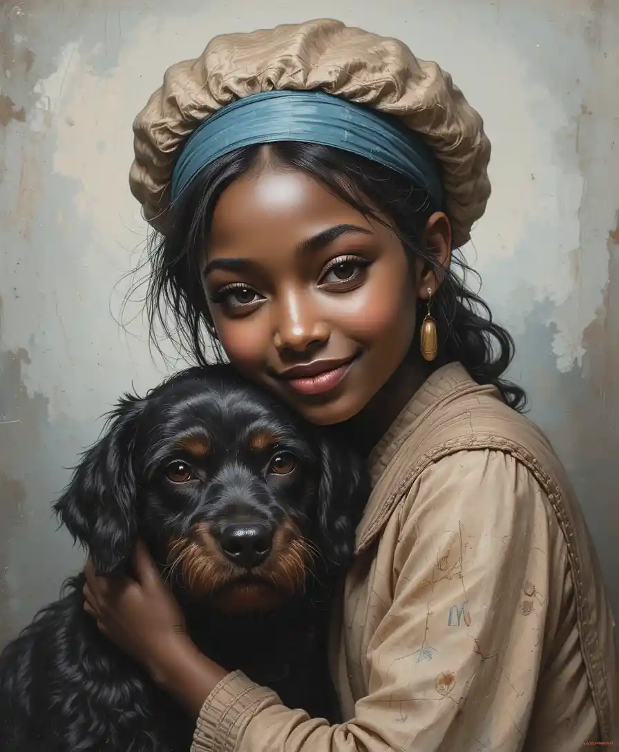 Niña negra tímida abrazando a un perro desaliñado bajo una luz suave