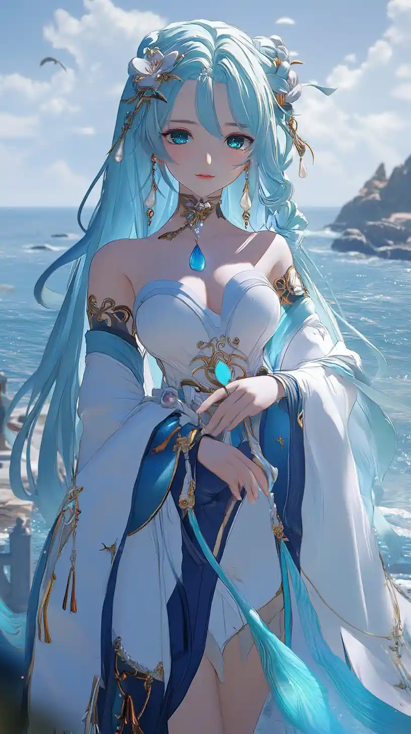 Ocean sorceress on a grand coastal palace terrace