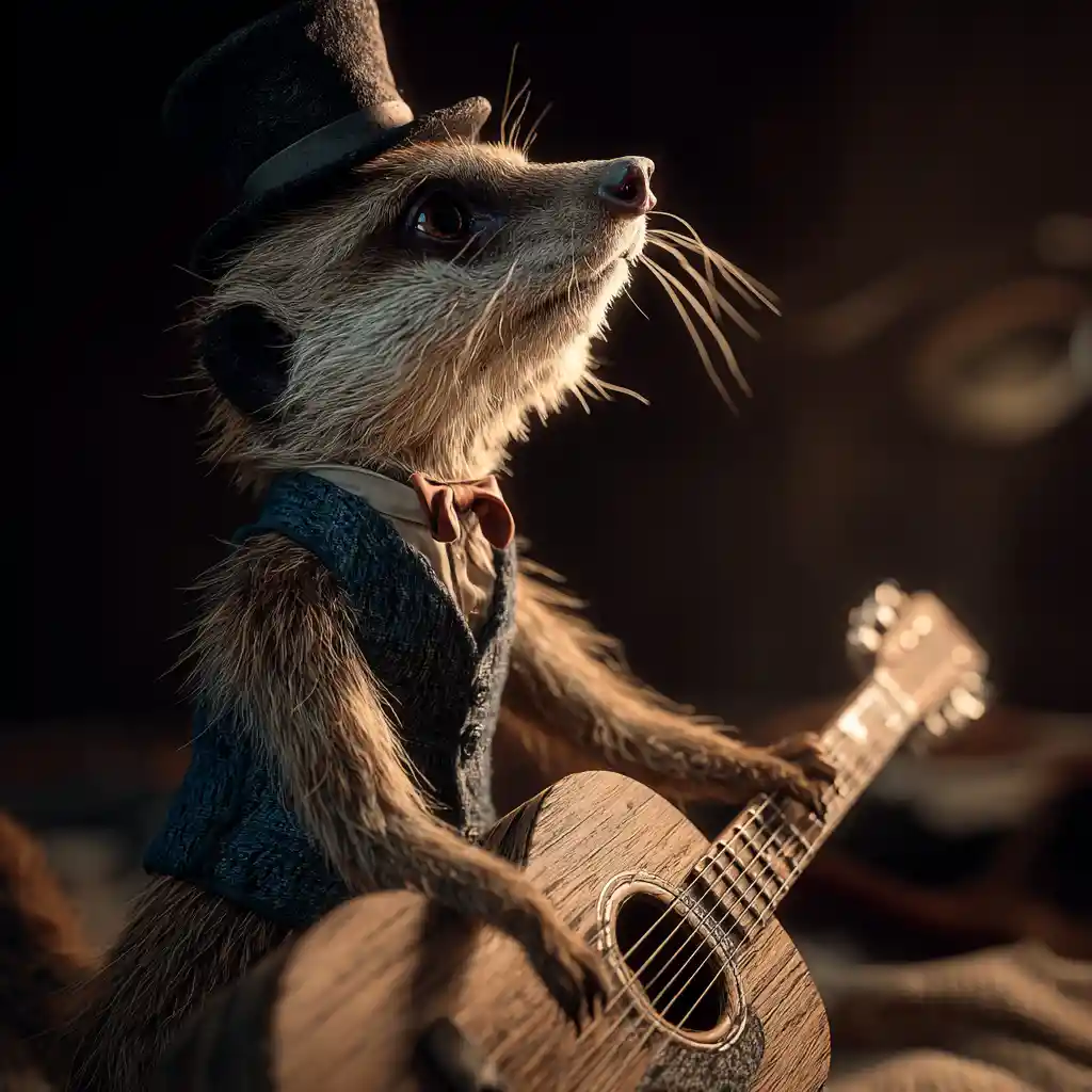 Suricato elegante con panciotto in equilibrio su chitarra antica
