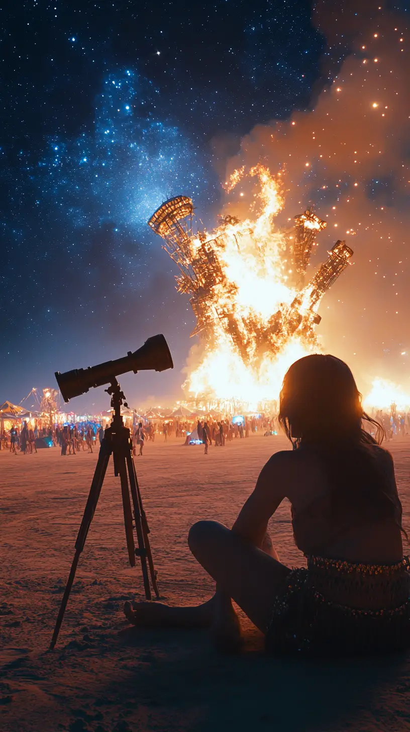 Mujer contemplando las estrellas junto a escultura en llamas en festival del desierto