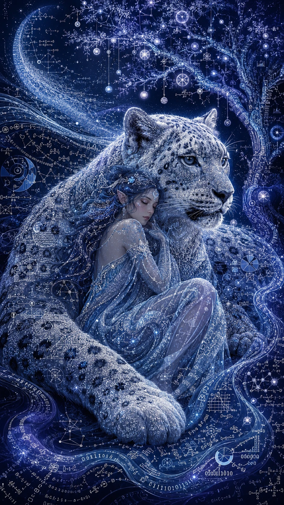 Fada da lua descansando com um colossal leopardo-das-neves