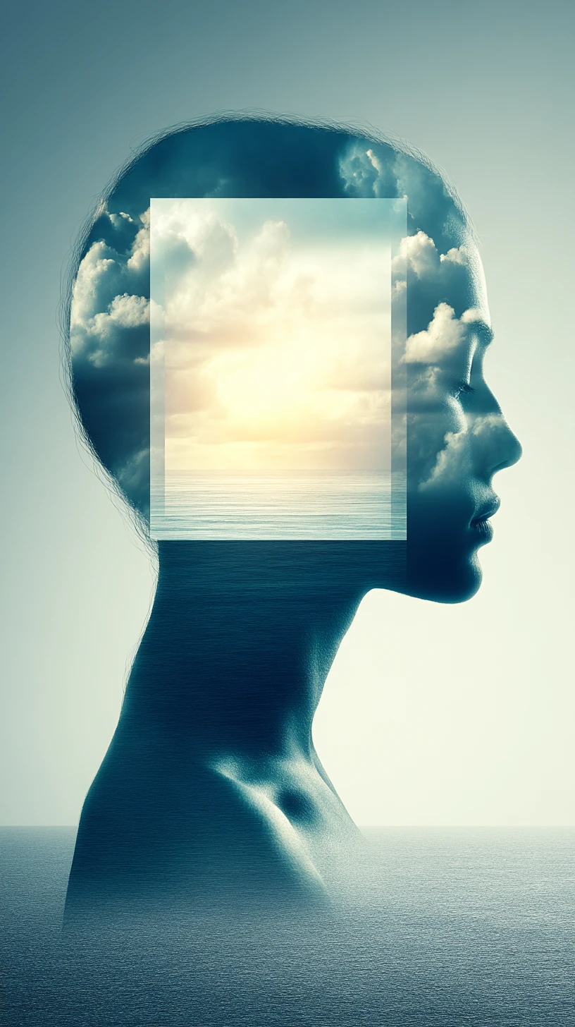 Retrato surreal de um pensador com um mundo interior brilhante