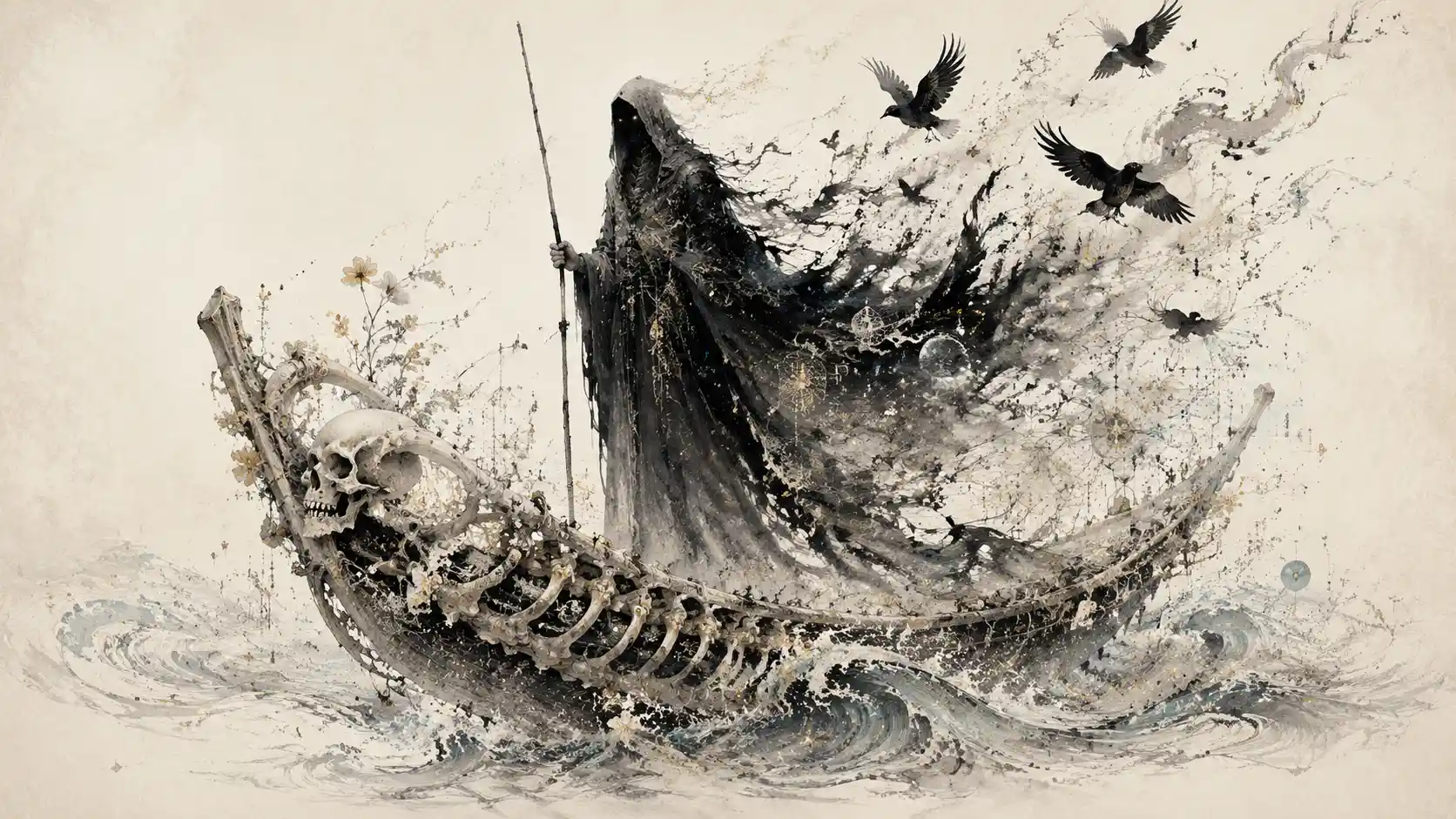 Elegant ink reaper standing alone on a skeletal boat