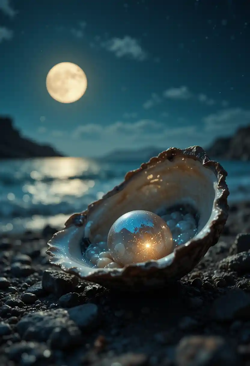 Ostra con perla reluciente bajo un cielo nocturno silencioso