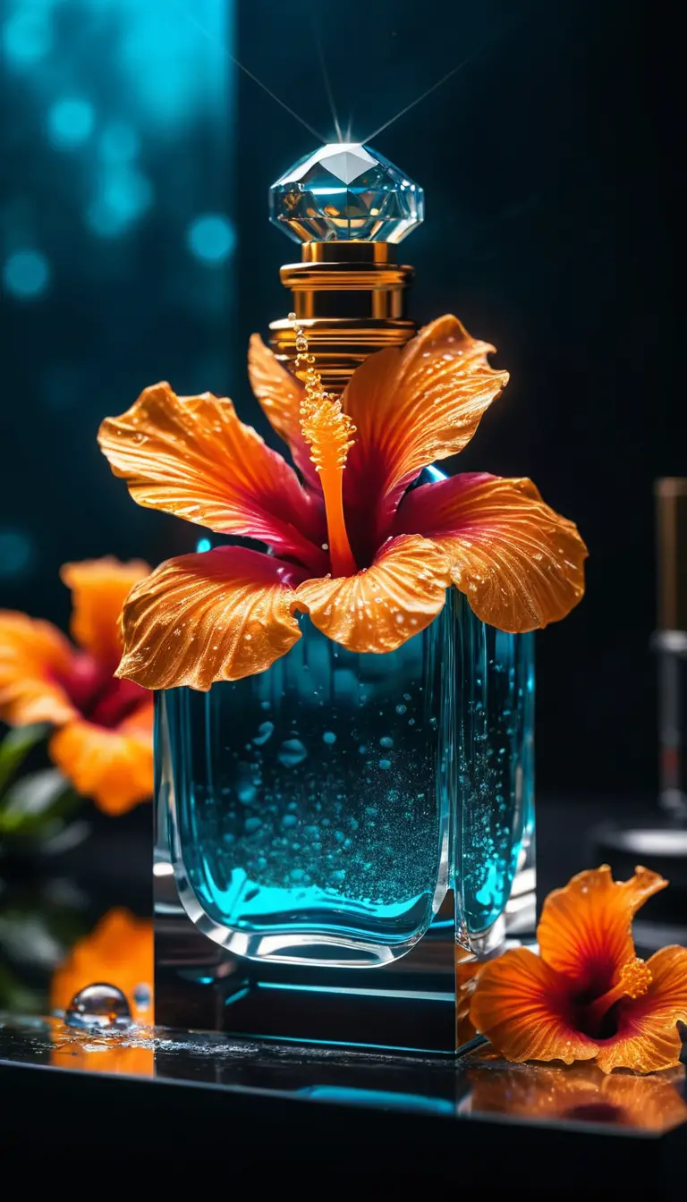 Primer plano cinematográfico de un frasco de perfume con niebla luminosa