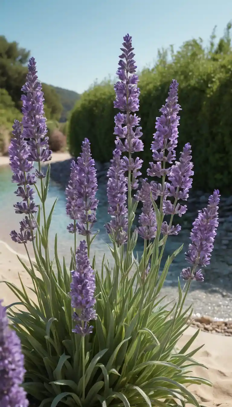 Flores púrpura lavanda junto a un arroyo turquesa cristalino
