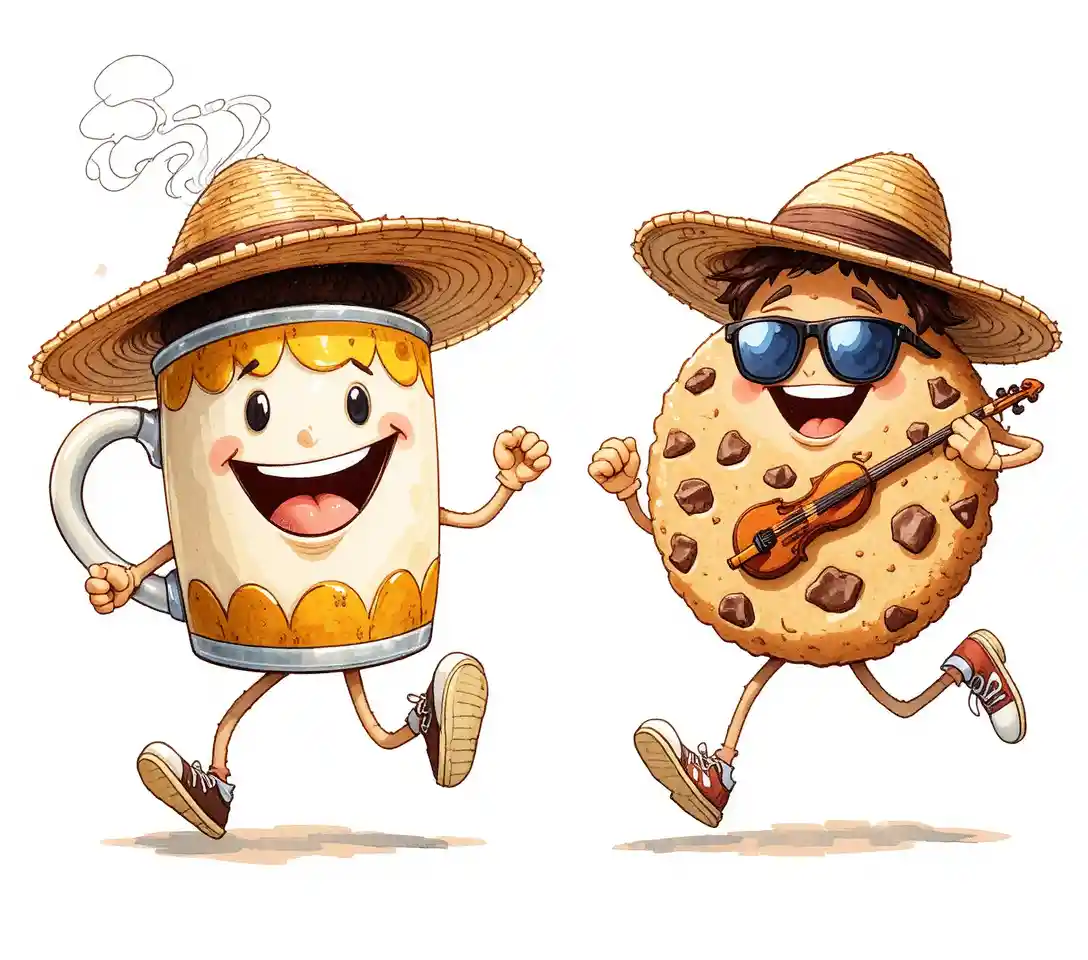 Playful cartoon mug boy and cookie running together