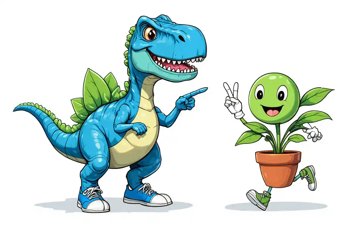 Playful Blue Cartoon Dinosaur With Walking Potted Plant