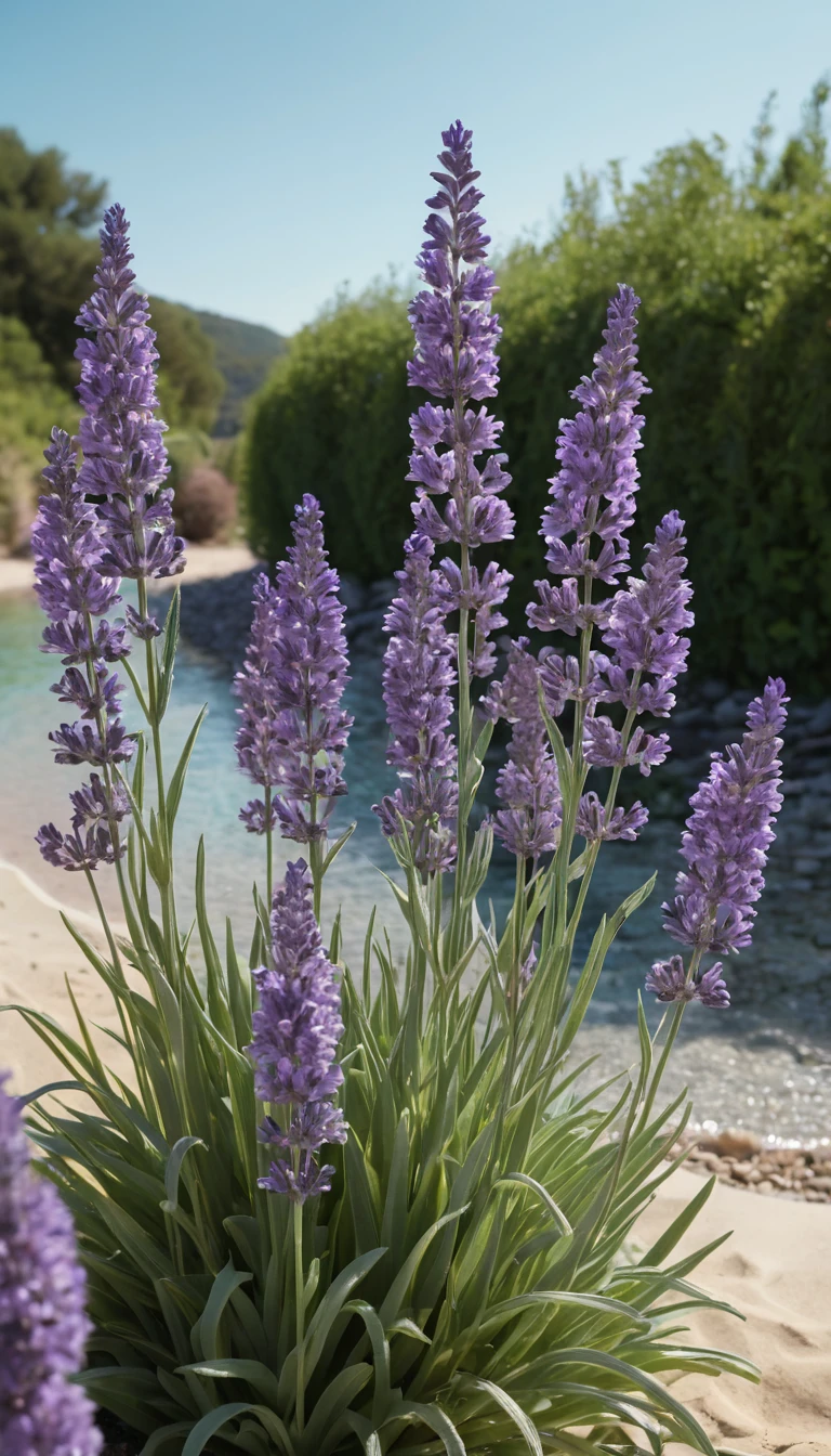 Flores púrpura lavanda junto a un arroyo turquesa cristalino