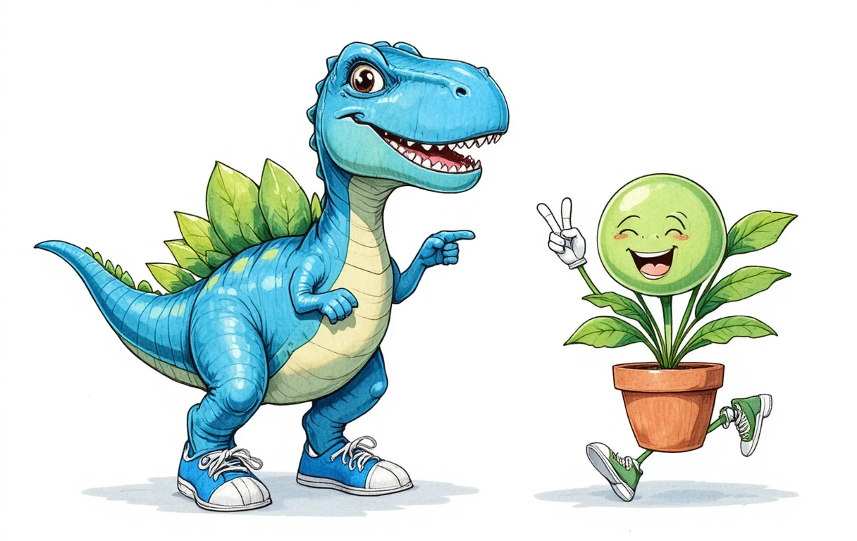 遊び心あふれる青い恐竜と鉢植えの植物のキャラクターイラスト