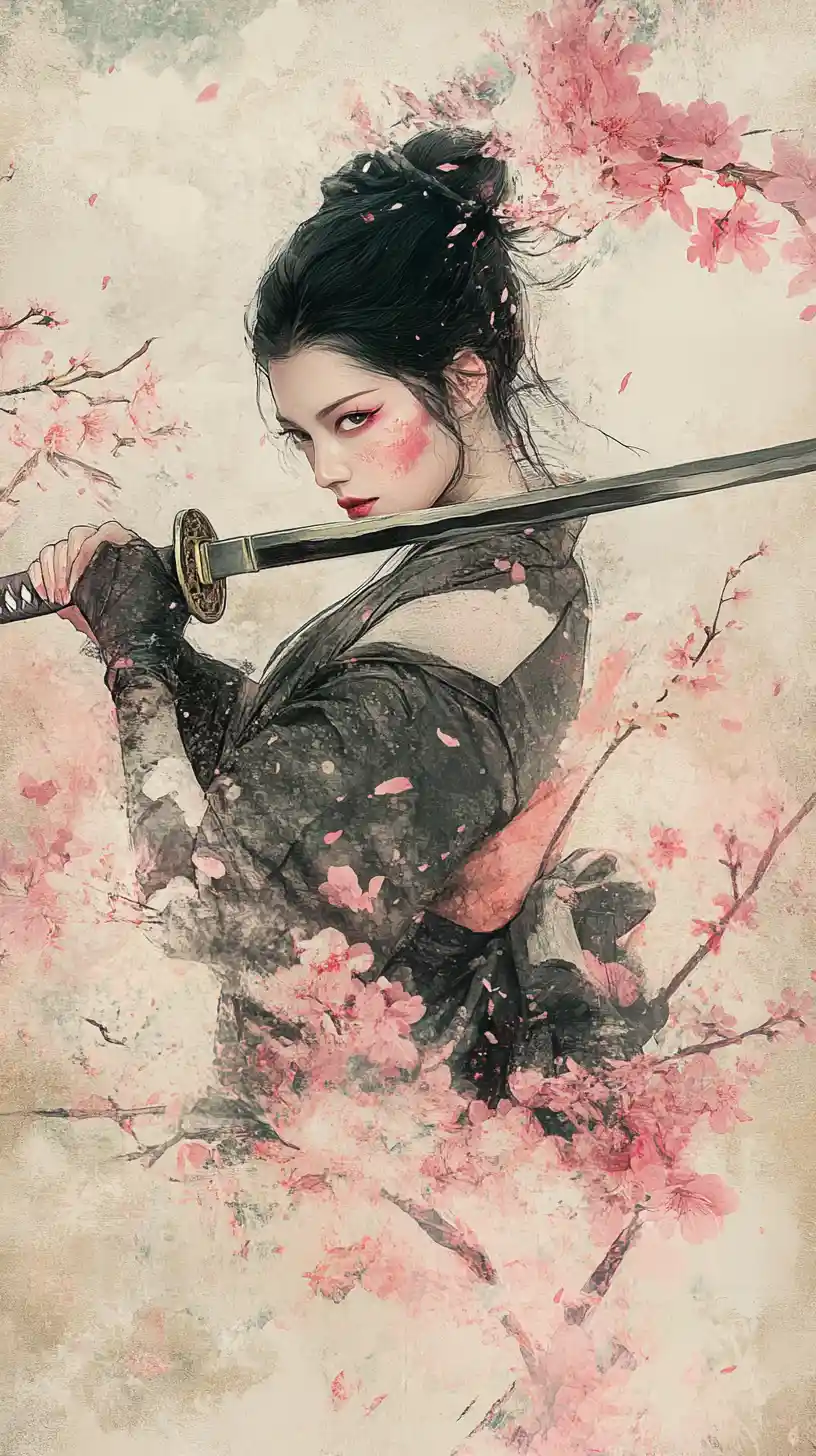 Female samurai with sword amid soft cherry blossom trees