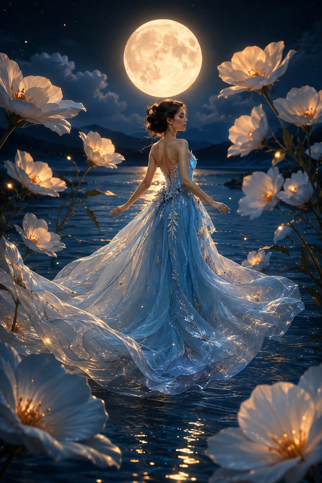 Mujer elegante deslizándose sobre un lago iluminado por la luna con flores gigantes
