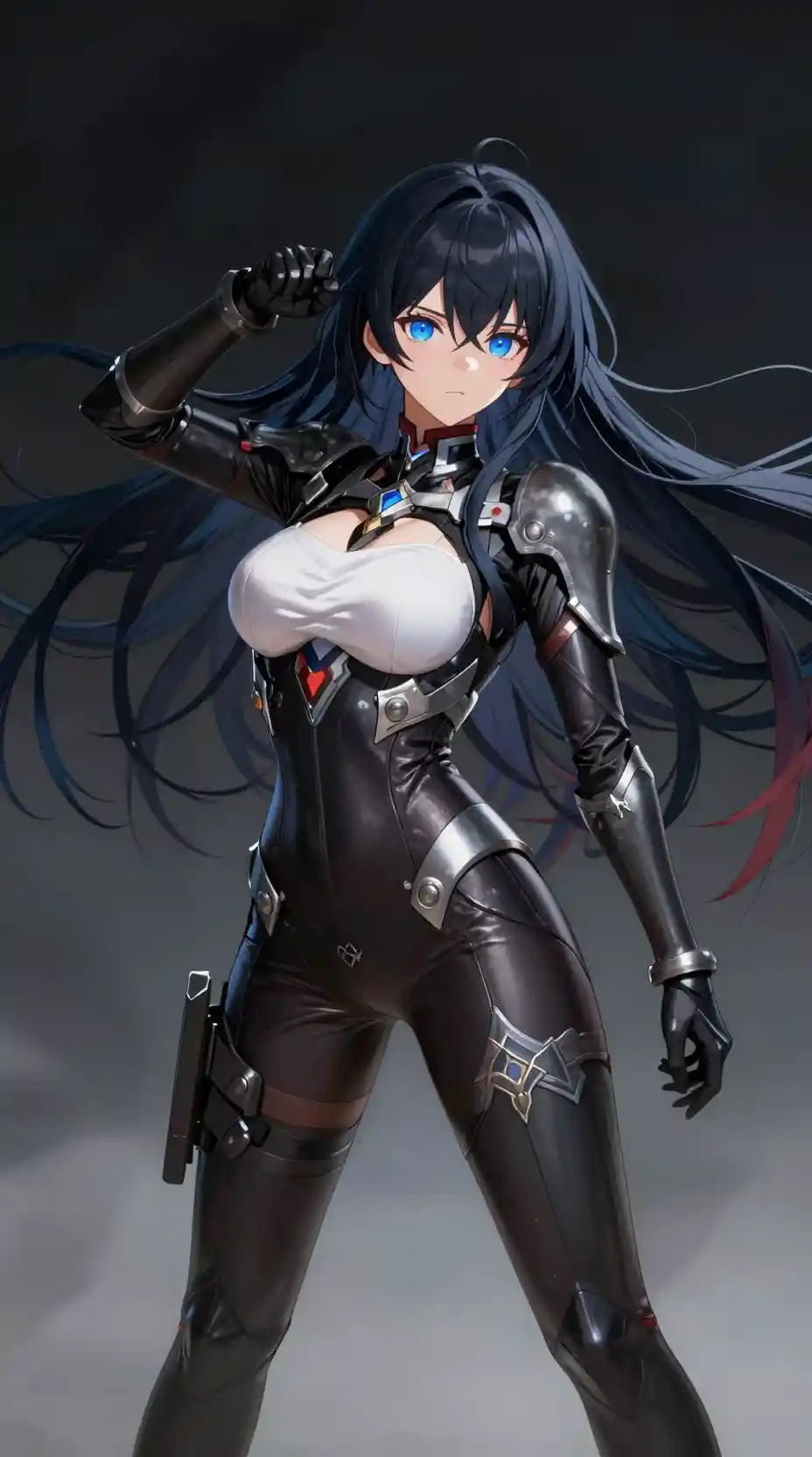 Heroína de anime segura de sí misma con elegante armadura corporal futurista