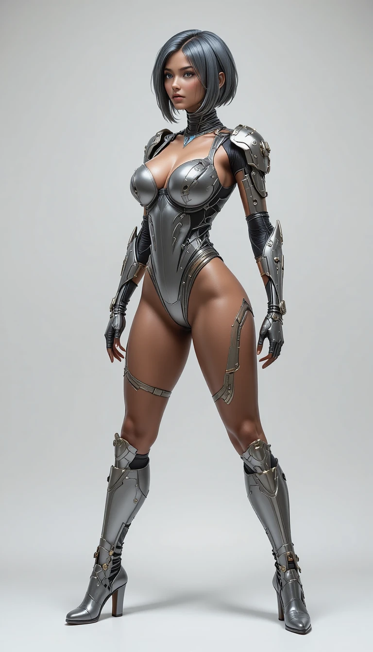 Mulher blindada em elegante traje de voo sci-fi sobre fundo branco