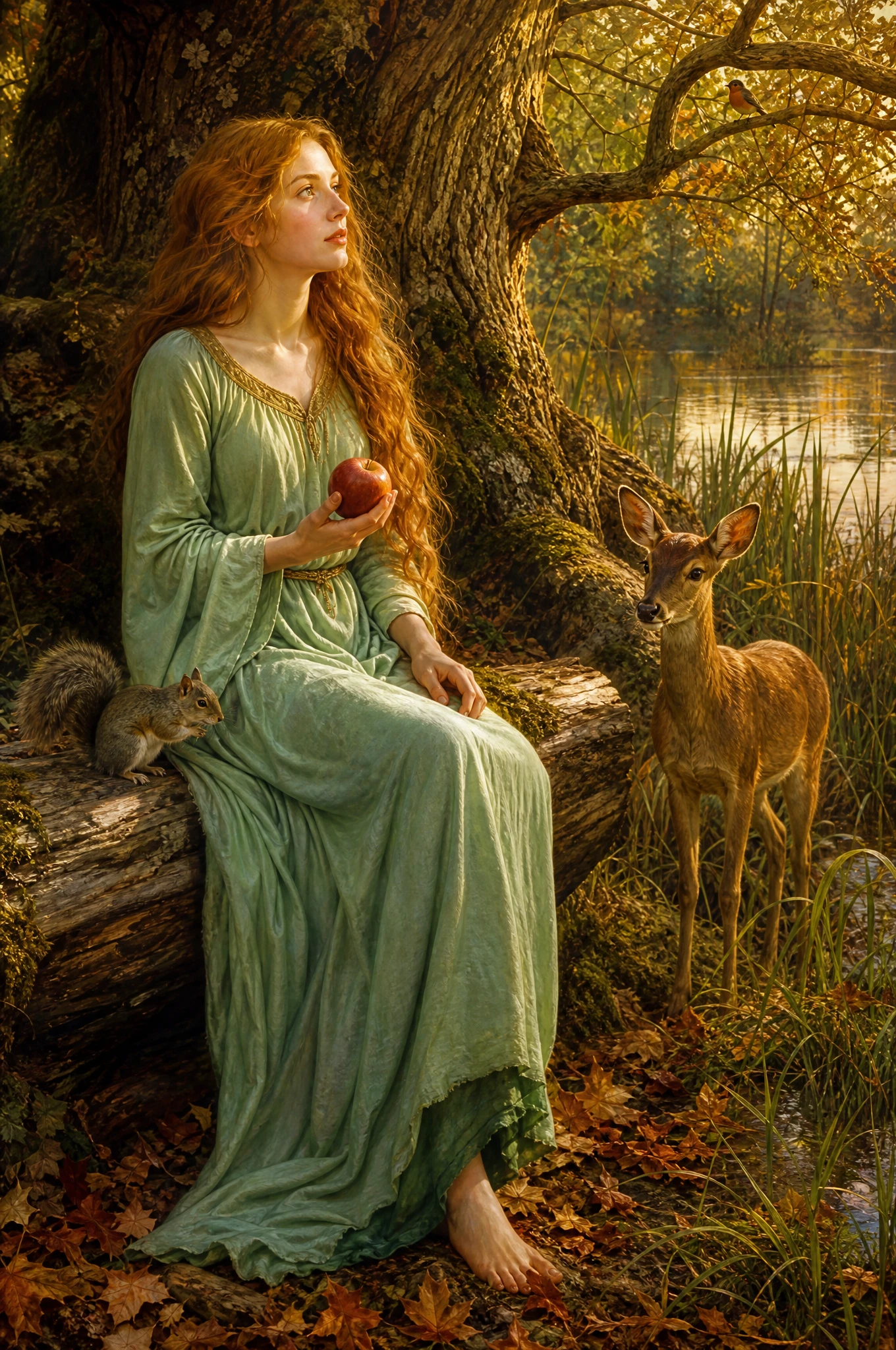 Young woman in green dress by a forest lakeside