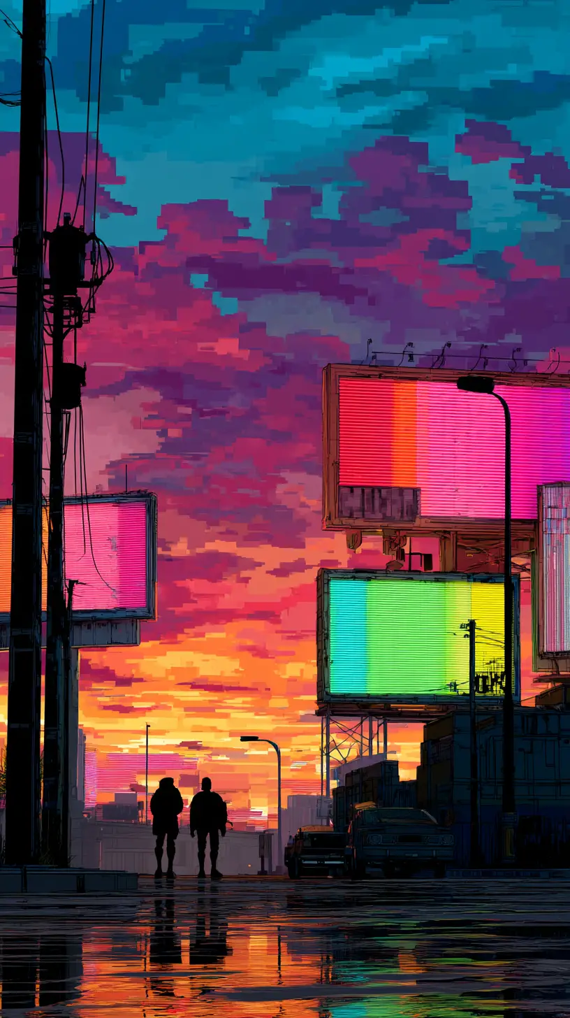 Escena de cafetería pixel neo retro al atardecer en la ciudad