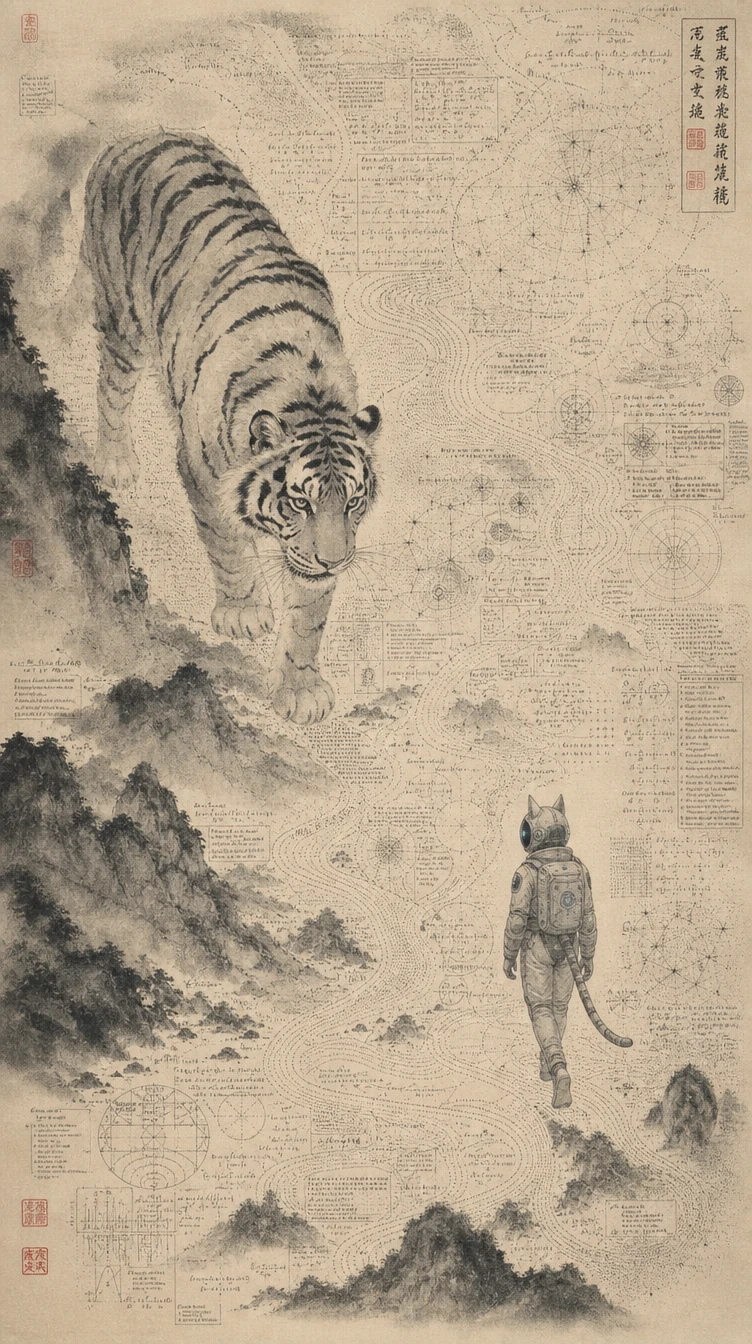Pinselgemalter Tiger, der eine abstrakte, leere Landschaft durchquert