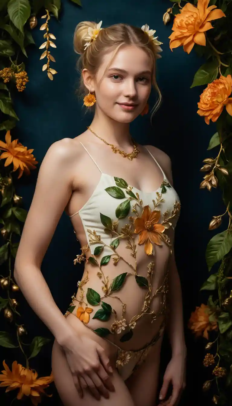 Arte corporal floral brillante en mujer en escena cinematográfica oscura
