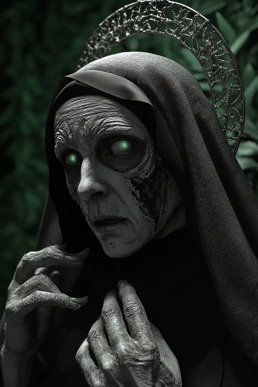 Retrato de monja siniestra con rostro agrietado en bosque oscuro