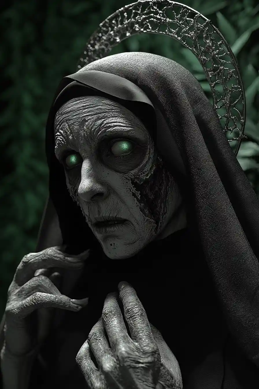 Retrato de monja siniestra con rostro agrietado en bosque oscuro