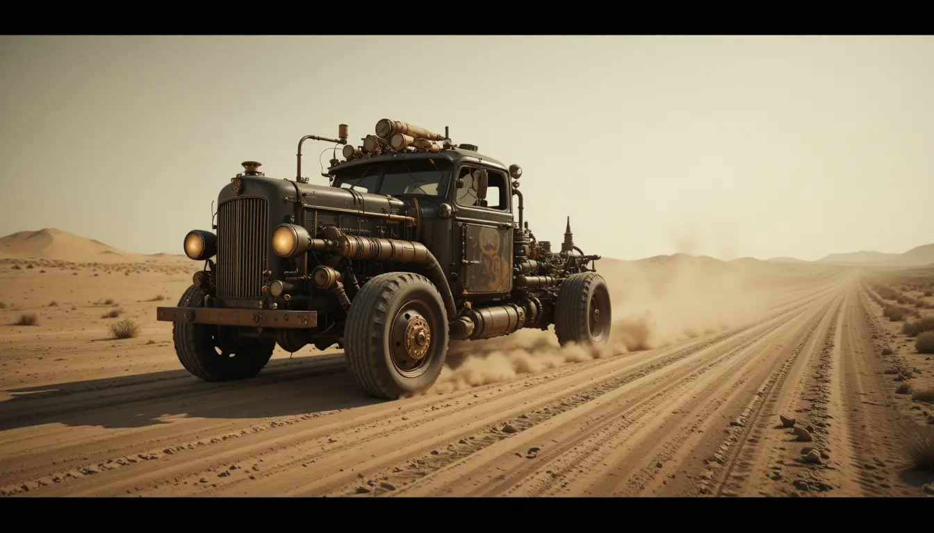 Camión steampunk cruzando una árida carretera desértica en movimiento