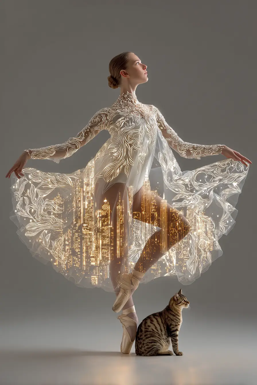 Elegante bailarina de ballet en encaje luminoso con velo de ciudad