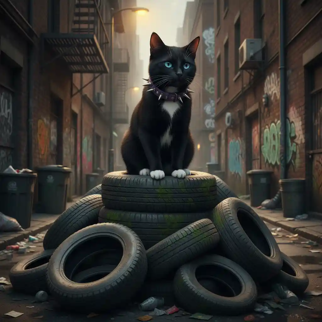 Gato negro de ojos azules sobre neumáticos en un callejón oscuro