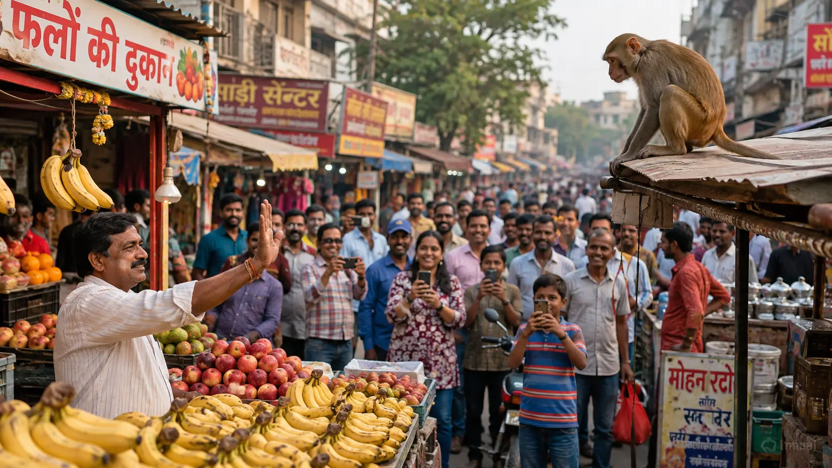 Mono curioso explorando un bullicioso mercado callejero de la India