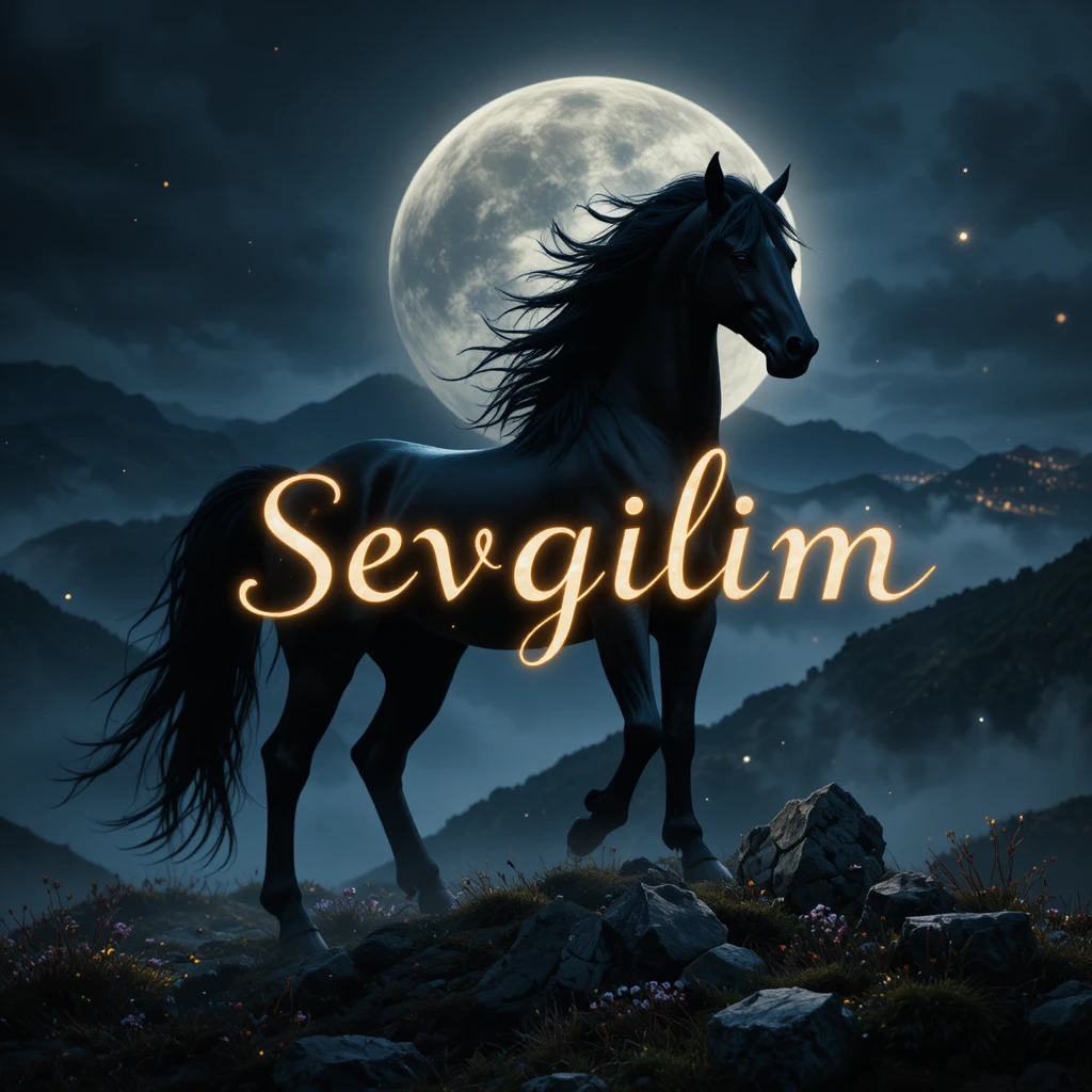 Black horse under moonlit mist with sevgilim typography