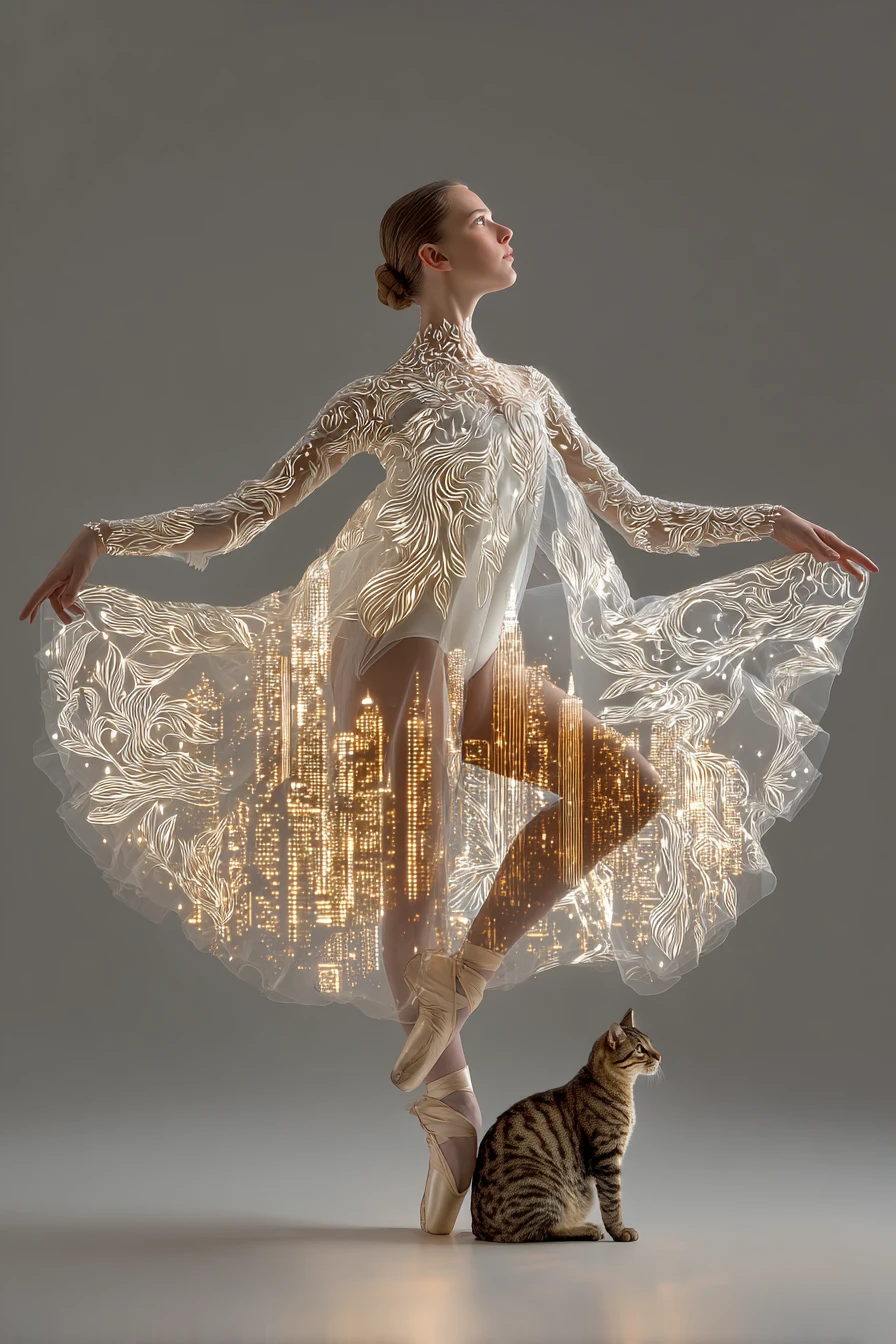 Graceful ballet dancer in luminous lace with city veil