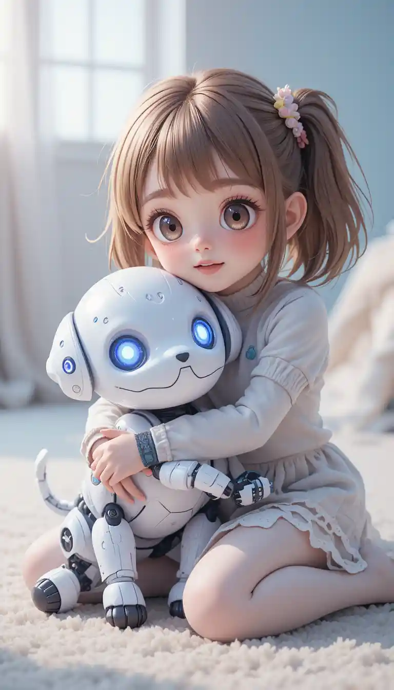 Linda chica de anime abrazando a un pequeño perro robot