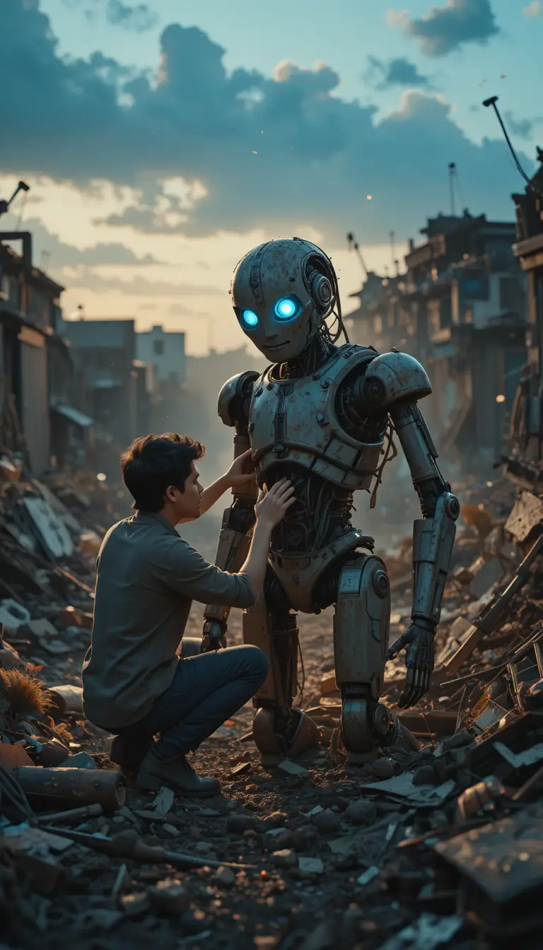 Hombre despertando a un robot roto en un desguace polvoriento al anochecer