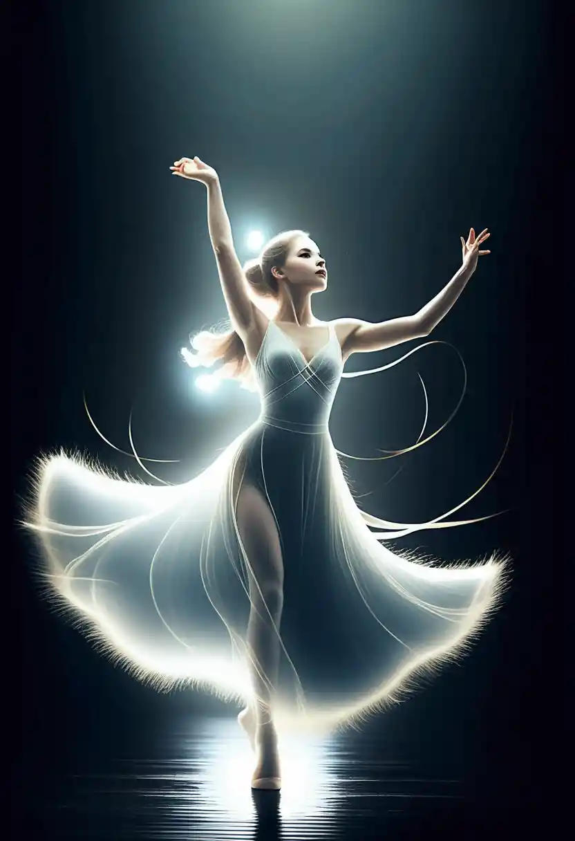 Bailarina en silueta envuelta en remolinos de trazos de luz dorada