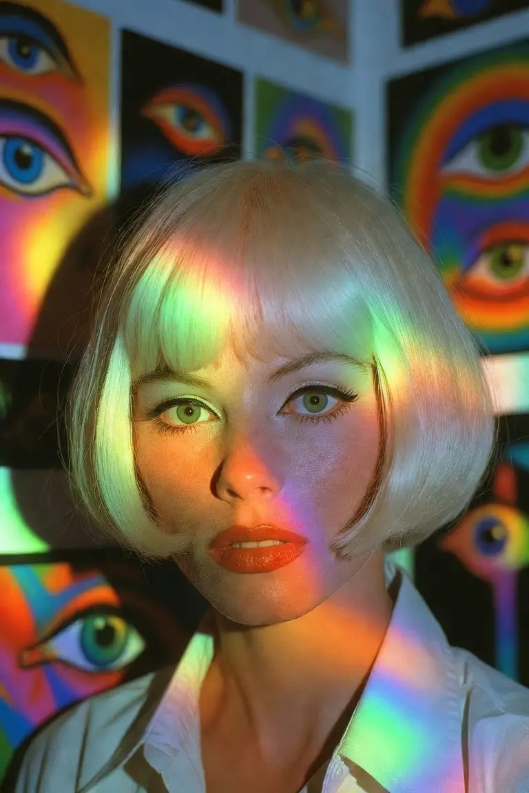Mujer en espectáculo de luces psicodélicas en galería de arte surrealista