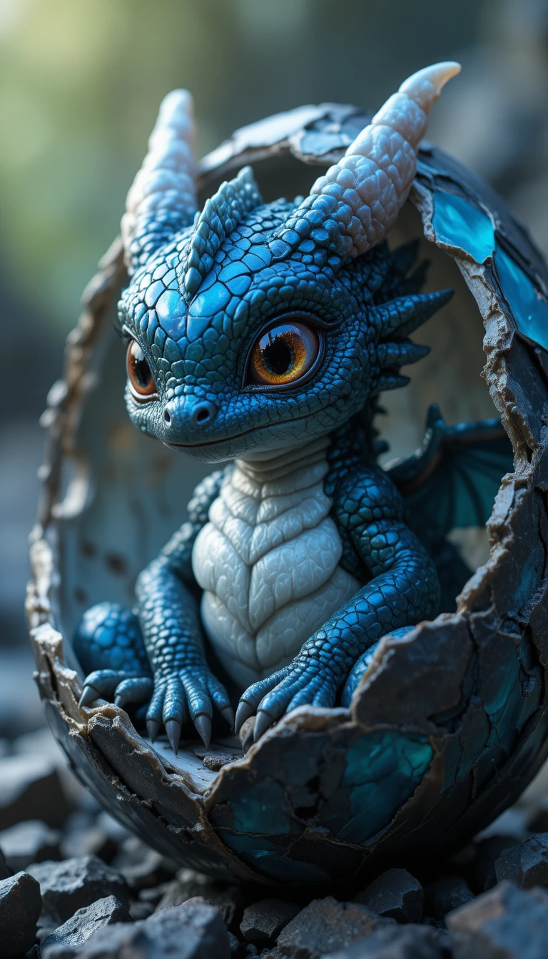 Baby dragon hatching from a shattered cyan obsidian egg