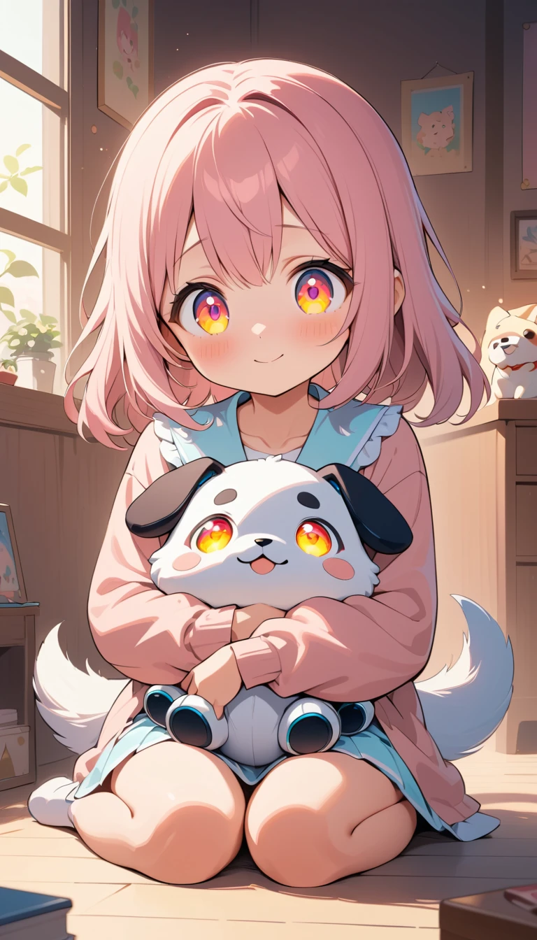 Dolce ragazza anime che abbraccia il suo cane robot amichevole