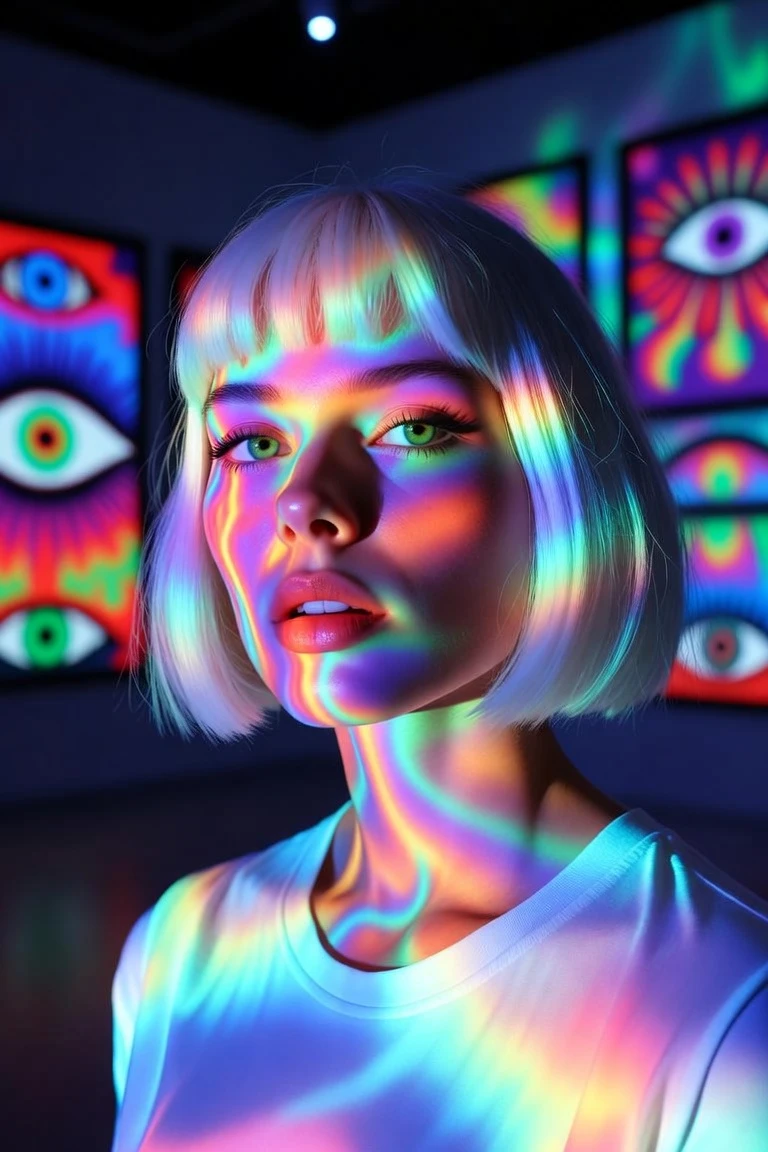 Retrato psicodélico de una mujer rubia platino en una galería