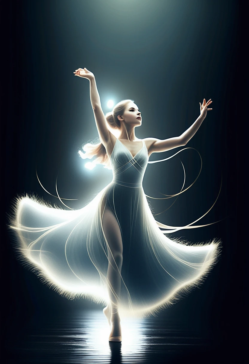 Bailarina en silueta envuelta en remolinos de trazos de luz dorada