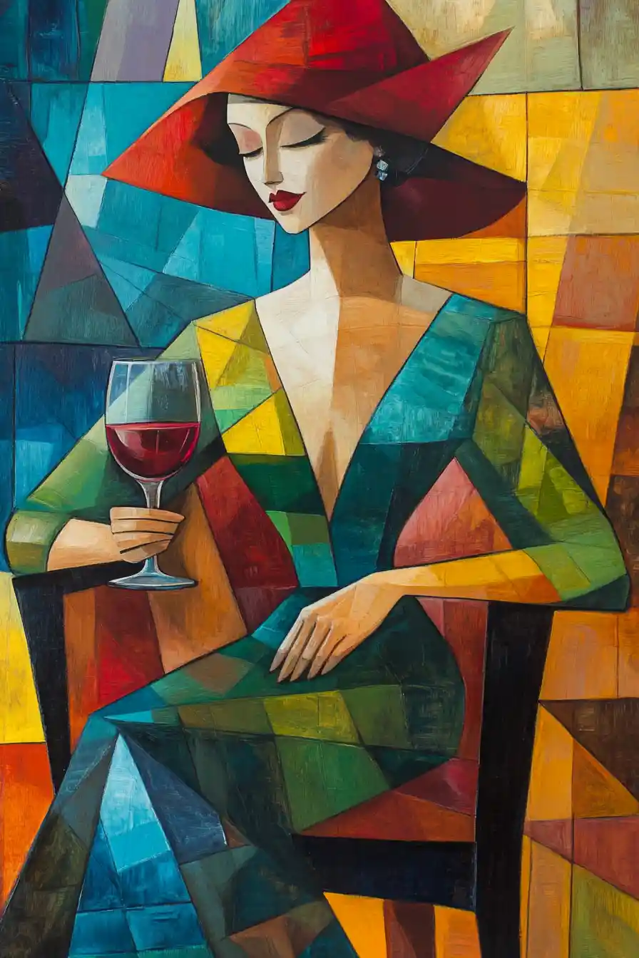 Art-déco-Frau mit rotem Hut und Weinglas
