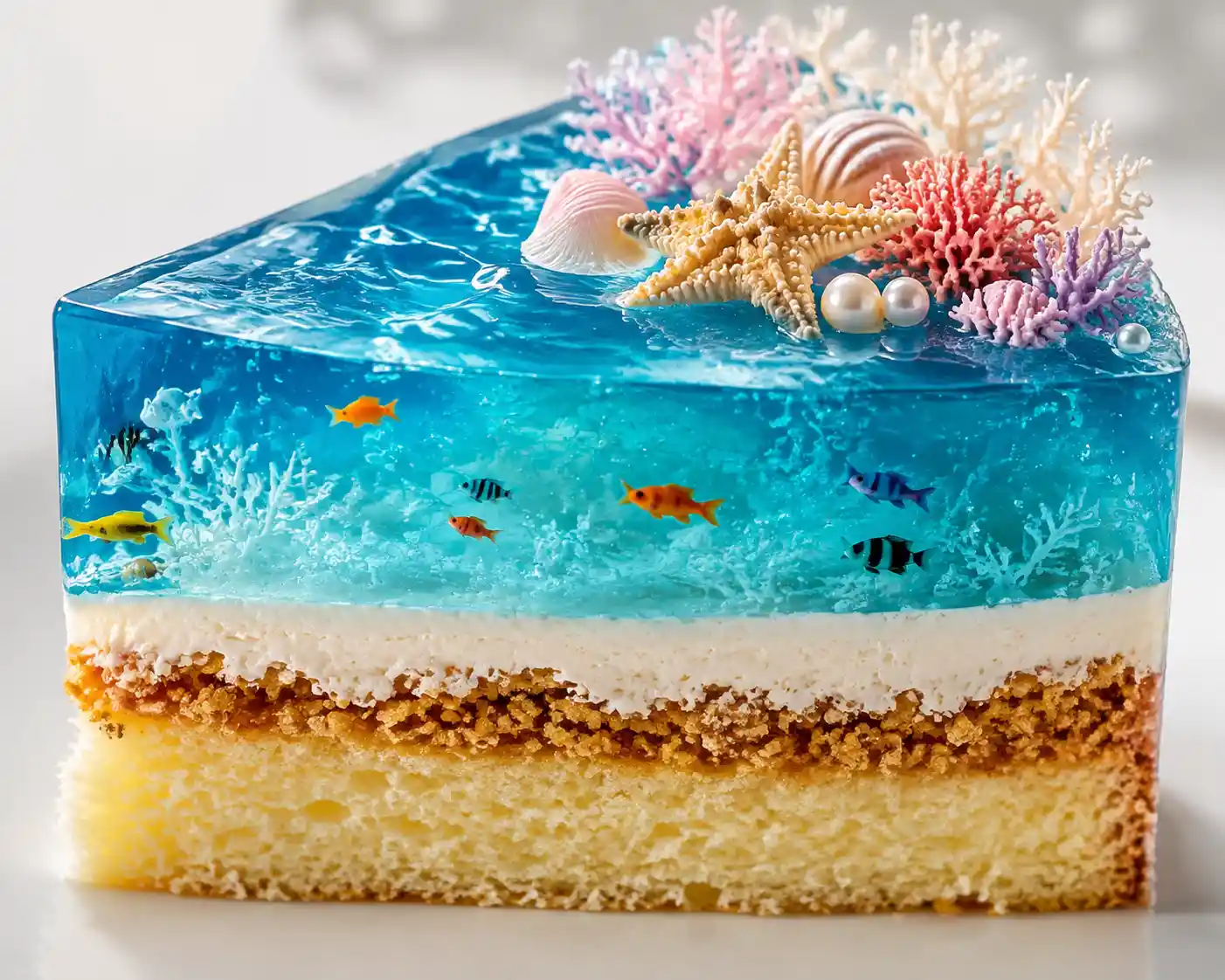 Rebanada de pastel de gelatina con temática oceánica en primer plano con decoraciones