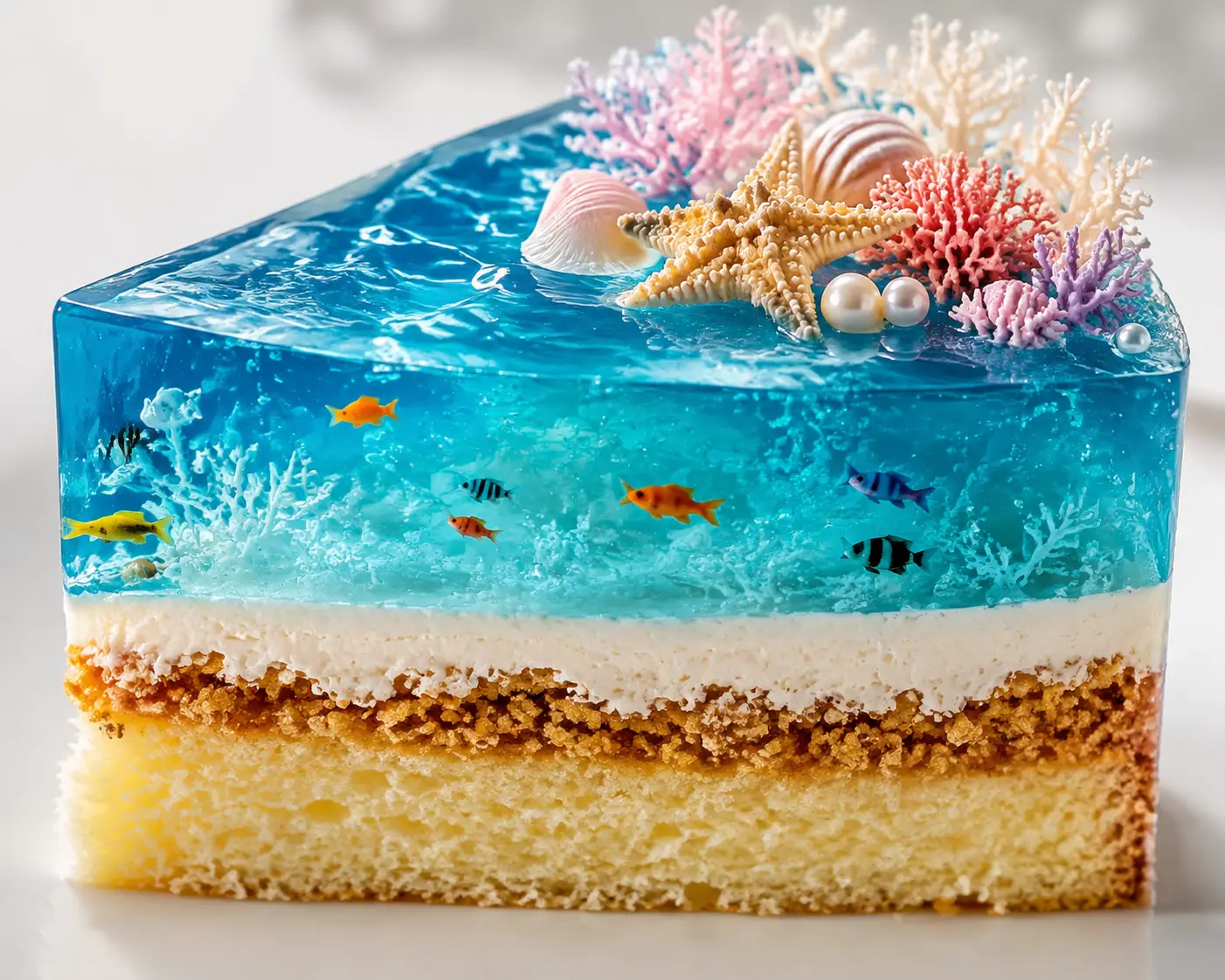 Rebanada de pastel de gelatina con temática oceánica en primer plano con decoraciones