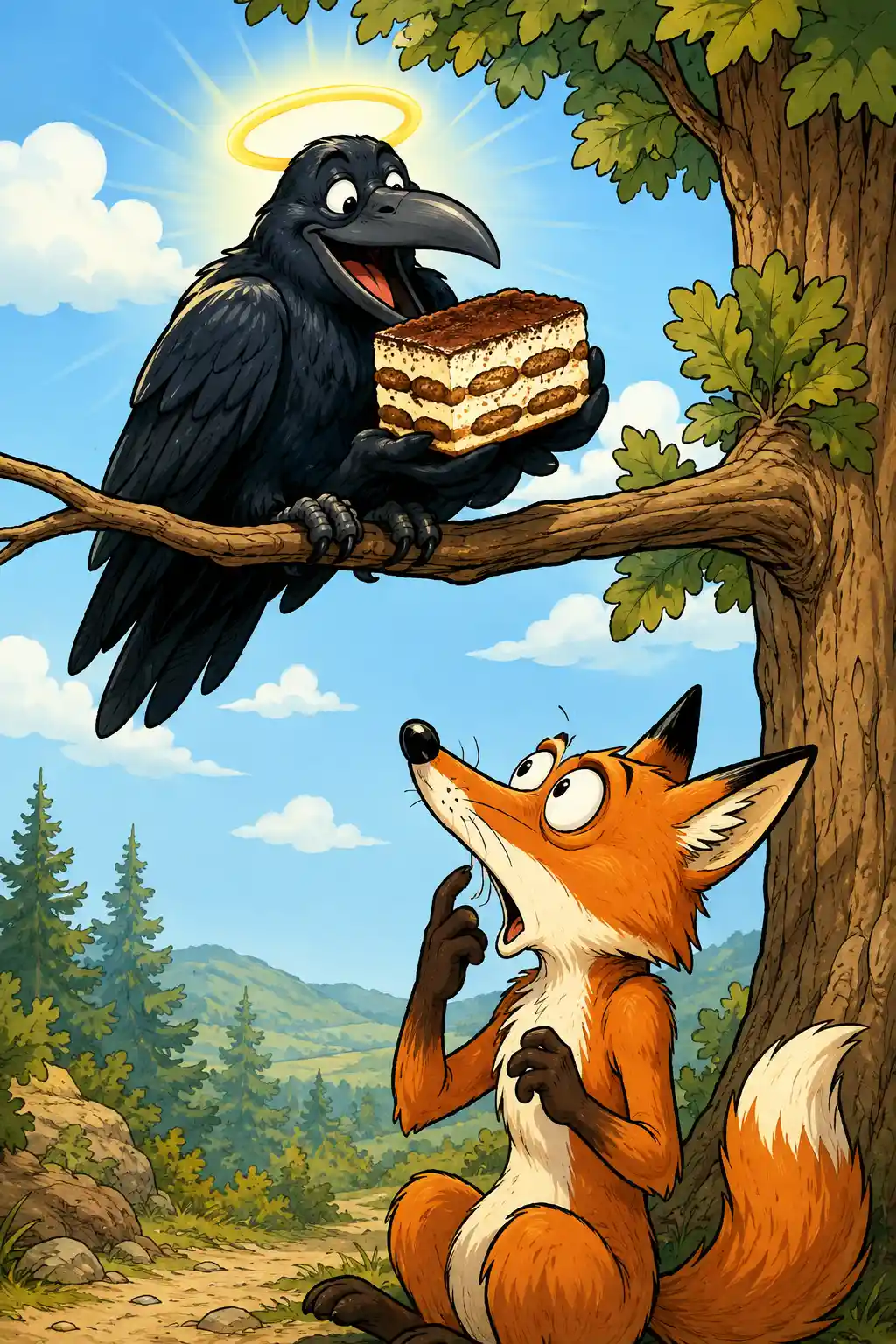 Playful cartoon crow with tiramisu in comic illustration
