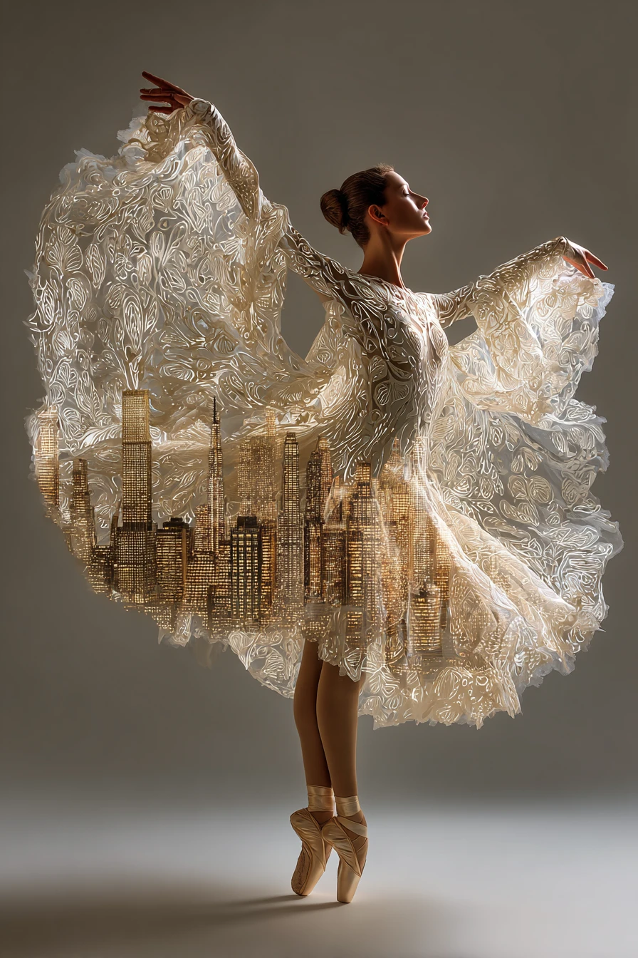 Bailarina elegante con vestido de encaje luminoso y velo de ciudad