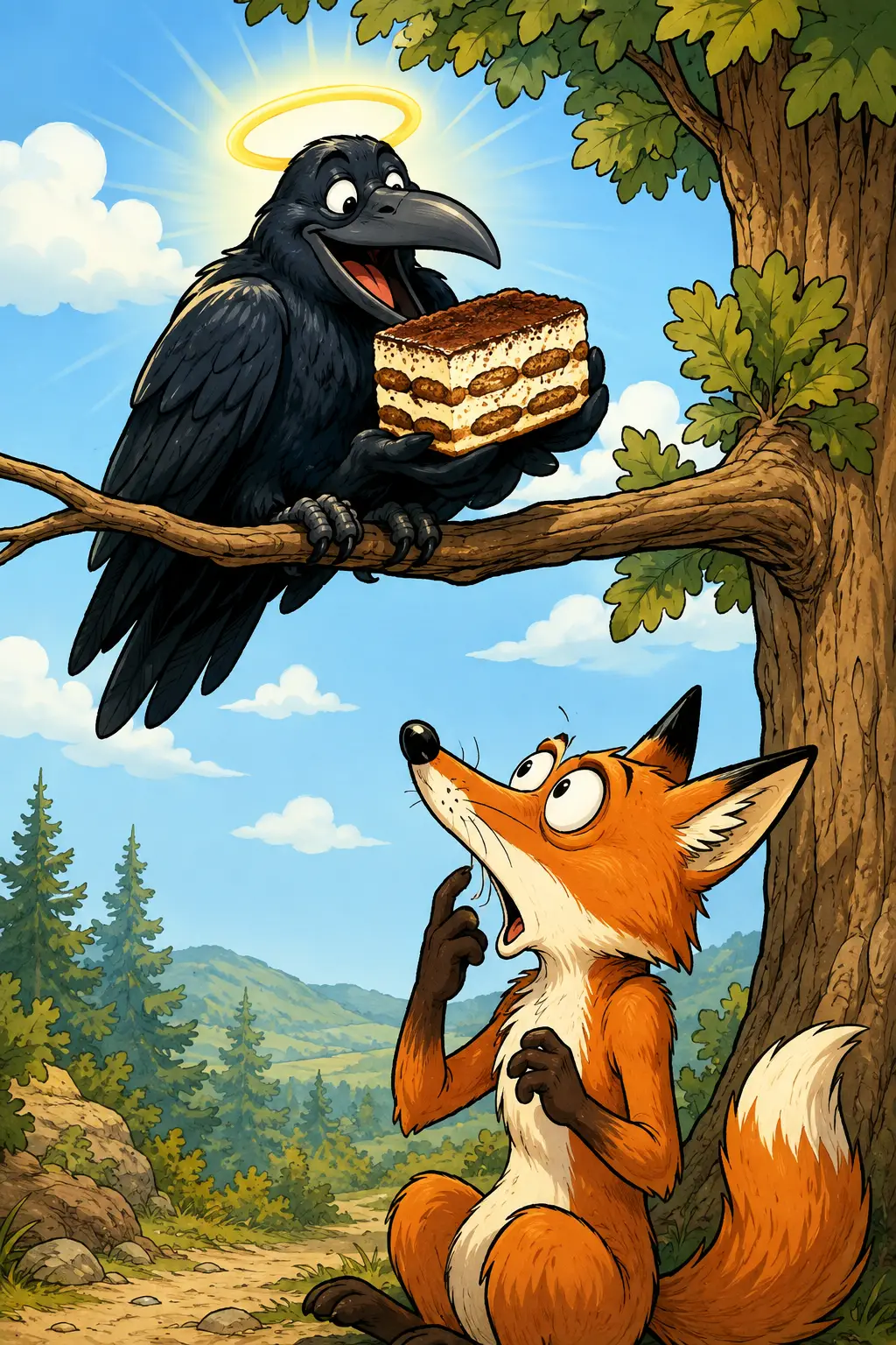 Playful cartoon crow with tiramisu in comic illustration