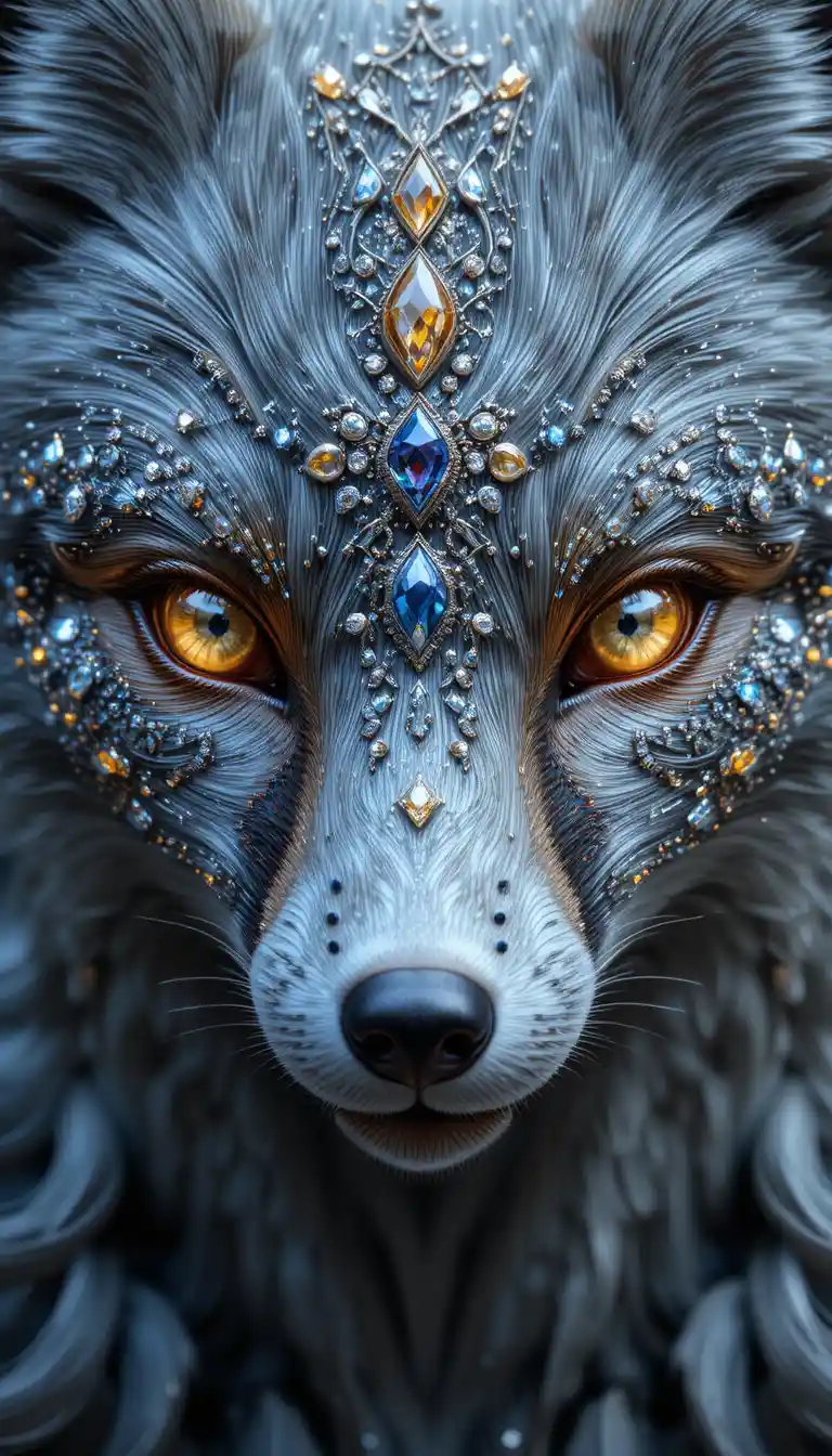 Juwelenbesetztes Fuchsgesicht mit diamantbesetztem Fell und goldenen Augen