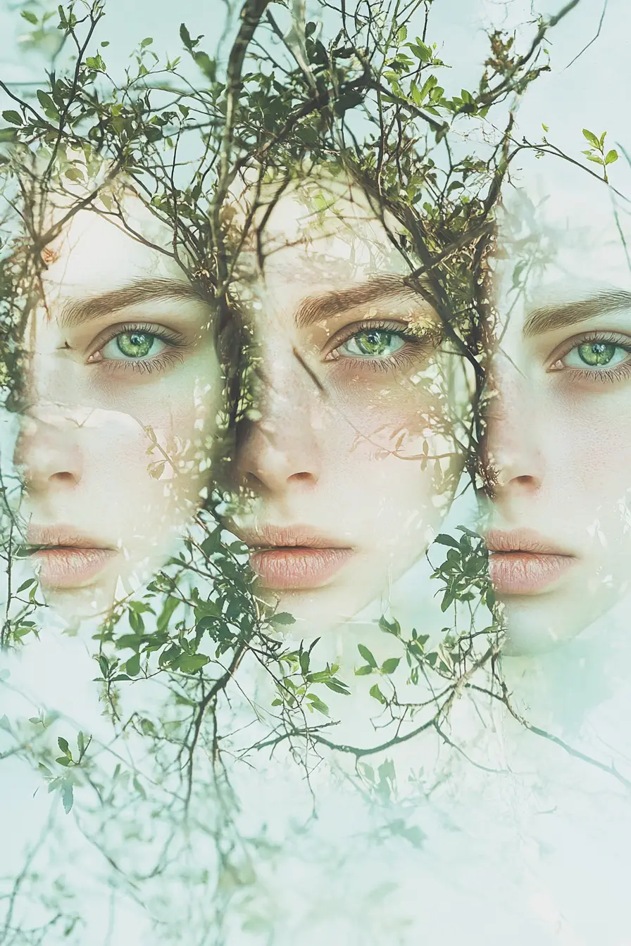 Doble exposición surrealista de mujeres serenas entre ramas de árboles