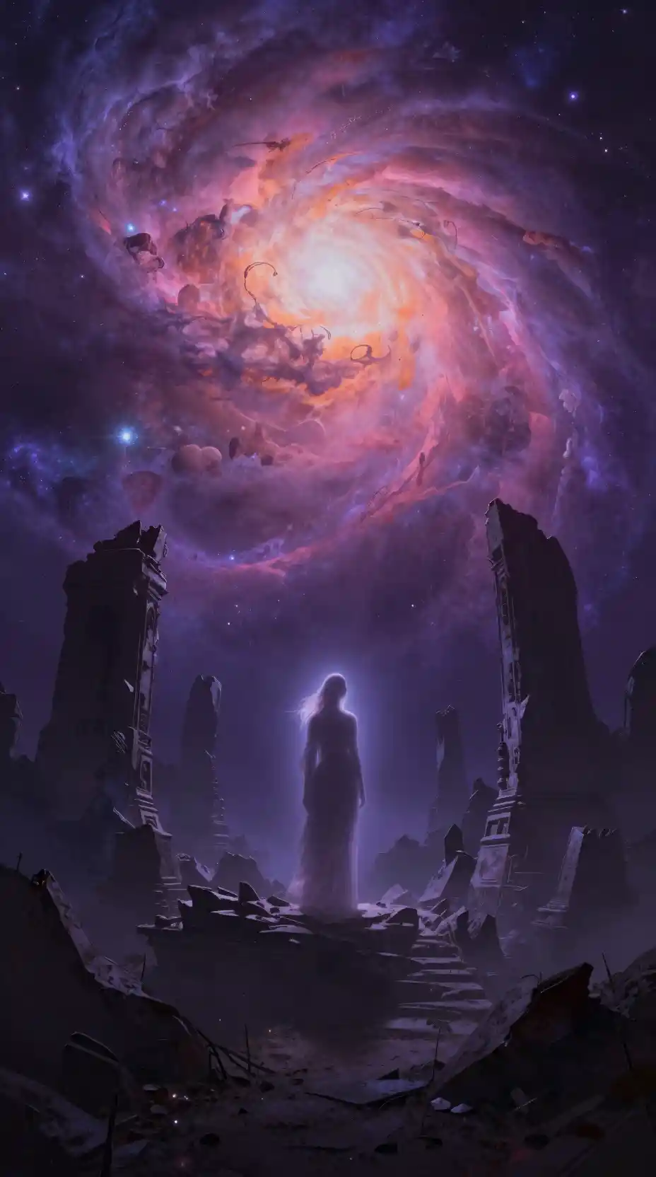 Ethereal figure in cosmic ruins under a glowing nebula